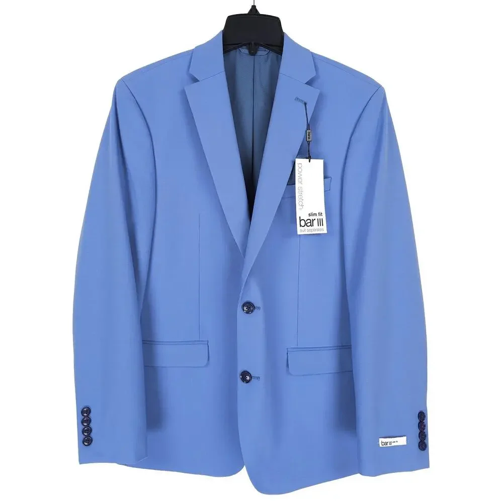 Bar III Mens Slim Fit Suit Jacket Blazer 46R Light Blue Solid Power Stretch Wool